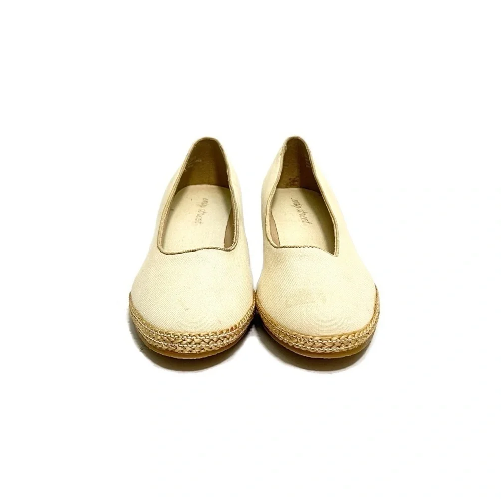Vintage 1980s beige canvas fabric slip on wedge heel espadrilles